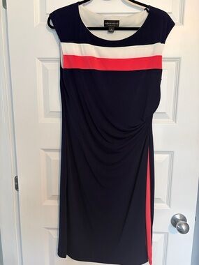 connected apparel Navy Midi Dress with White and Coral Bands